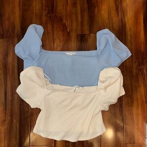Cato Light Blue and Cream Puff Sleeve Blouses